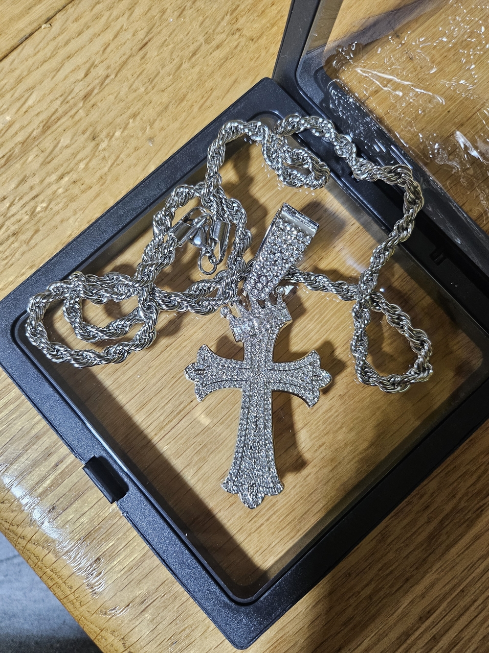 18K White Gold Filled Iced-Out Crown Cross Pendant & Rope Chain